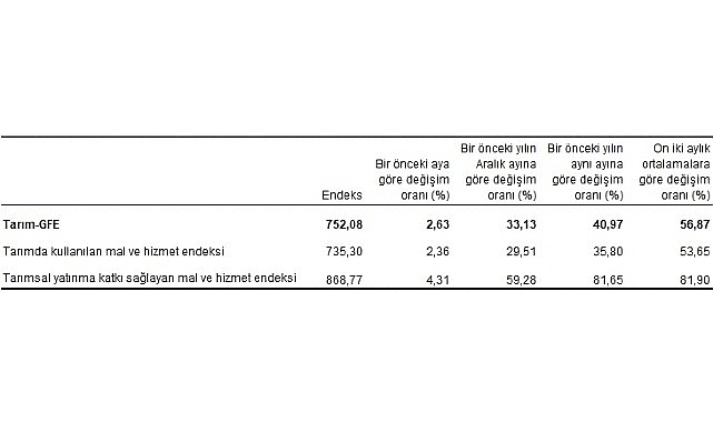 Ziraî girdi fiyat endeksi (Tarım-GFE) yıllık yüzde 40,97, aylık yüzde 2,63 arttı