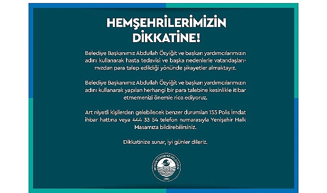 Mersin Yenişehir Belediyesi dolandırıcılara karşı uyardı