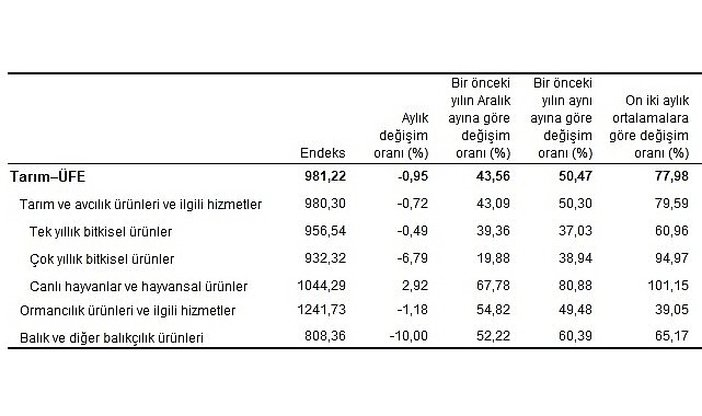 Tarım eserleri üretici fiyat endeksi (Tarım-ÜFE) yıllık yüzde 50,47 arttı, aylık yüzde 0,95 azaldı