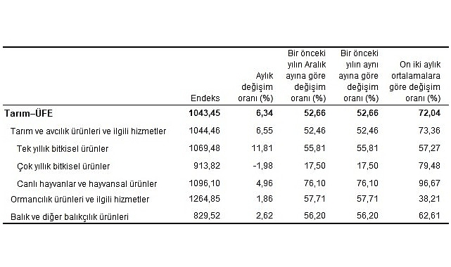 Tarım eserleri üretici fiyat endeksi (Tarım-ÜFE) yıllık yüzde 52,66, aylık yüzde 6,34 arttı