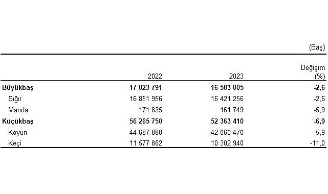 Büyükbaş hayvan sayısı bir evvelki yıla nazaran yüzde 2,6 azalarak 16 milyon 583 bin baş oldu