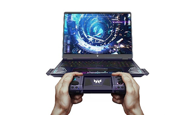 Çift Kişilik Oyun Tecrübesi İçin Çıkarılabilir Kontrolcülerle Donatılmış Yenilikçi Oyun Dizüstü Bilgisayarı Konsepti: Project DualPlay