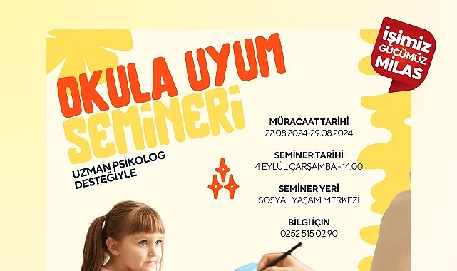 Milas Belediyesi tarafından okula yeni başlayacak öğrencilerin velileri için ‘Okula Ahenk Semineri’ gerçekleştirilecek.